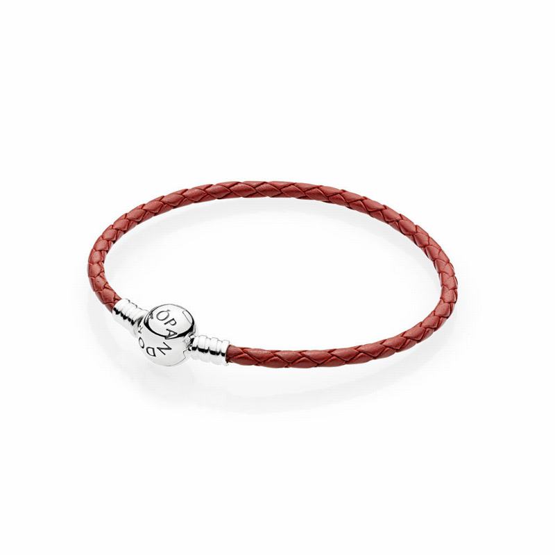 Pandora Red Braided Leather Charm Bracelet Ireland - Sterling Silver/Leather/Red - 048679ASN